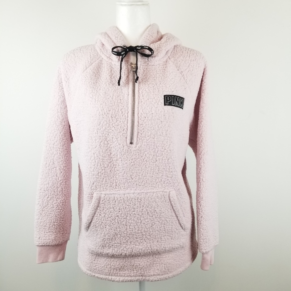 PINK Victoria's Secret Tops - PINK Victoria's Secret Sherpa Fleece 1/4 Zip Hoodie Pullover XS Pink
